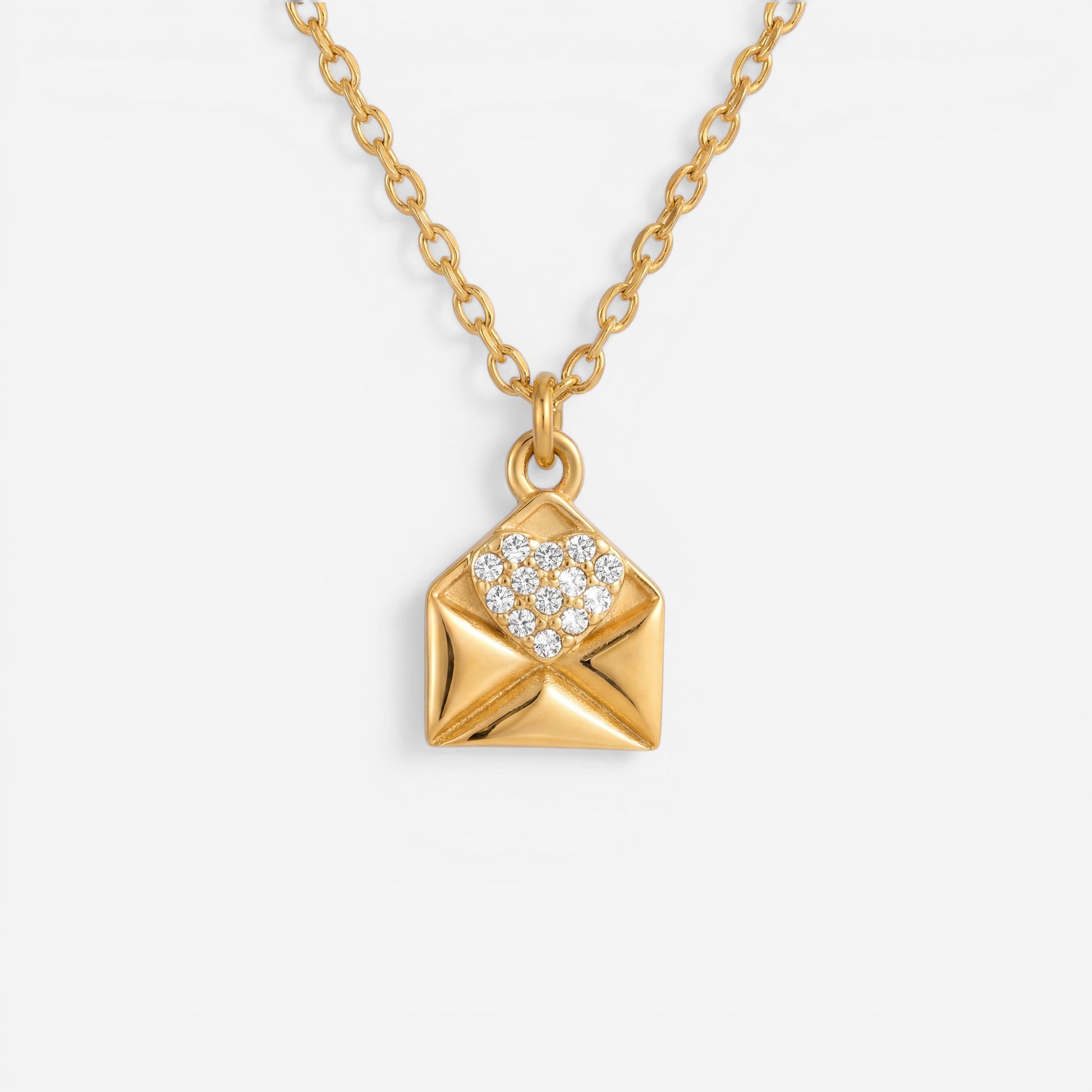 Gold envelope pendant necklace with pave crystal heart waterproof stainless steel jewelry.