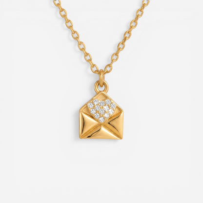 Gold envelope pendant necklace with pave crystal heart waterproof stainless steel jewelry.