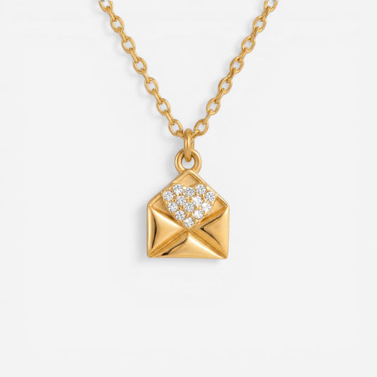 Gold envelope pendant necklace with pave crystal heart waterproof stainless steel jewelry.