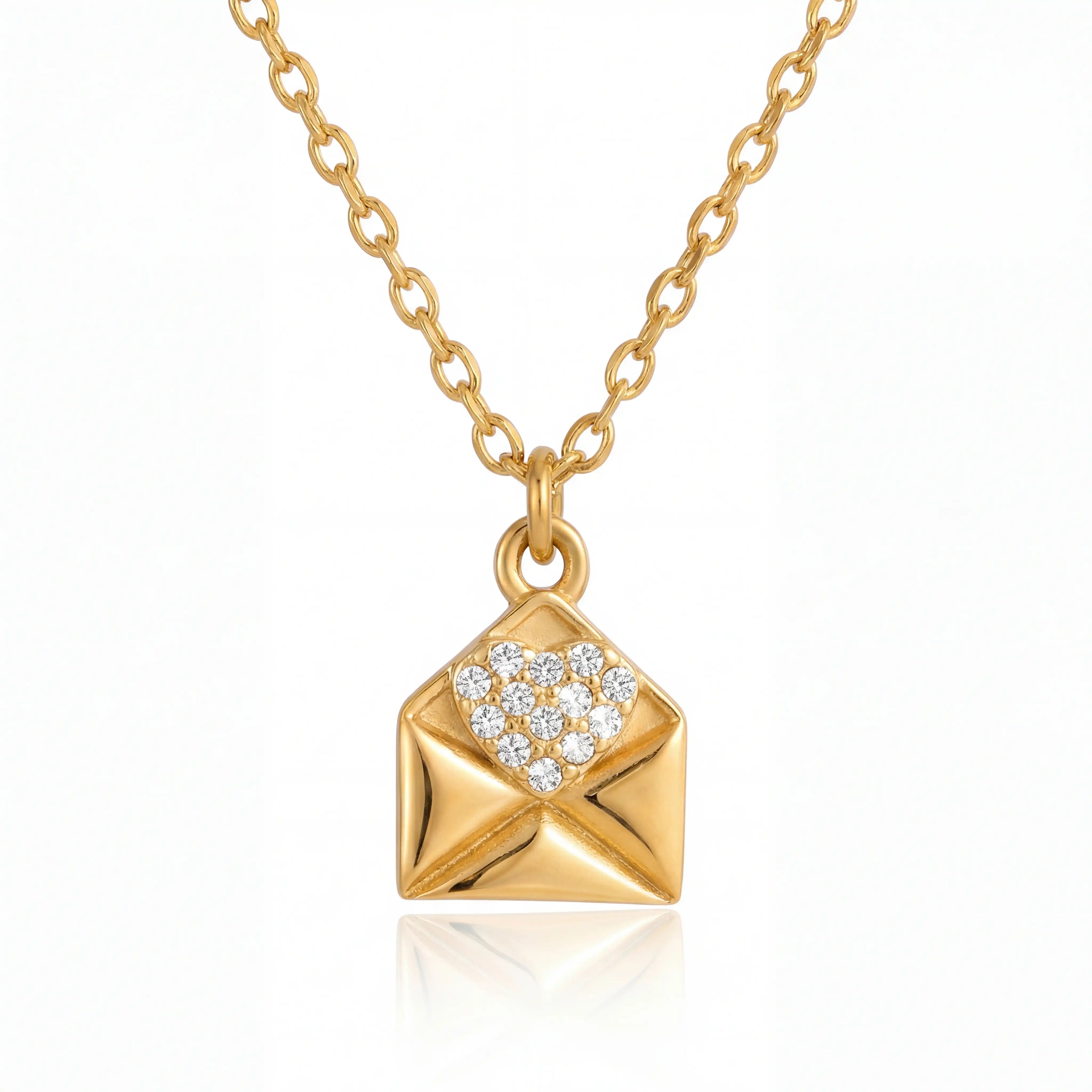 Gold envelope pendant necklace with pave crystal heart waterproof stainless steel jewelry.