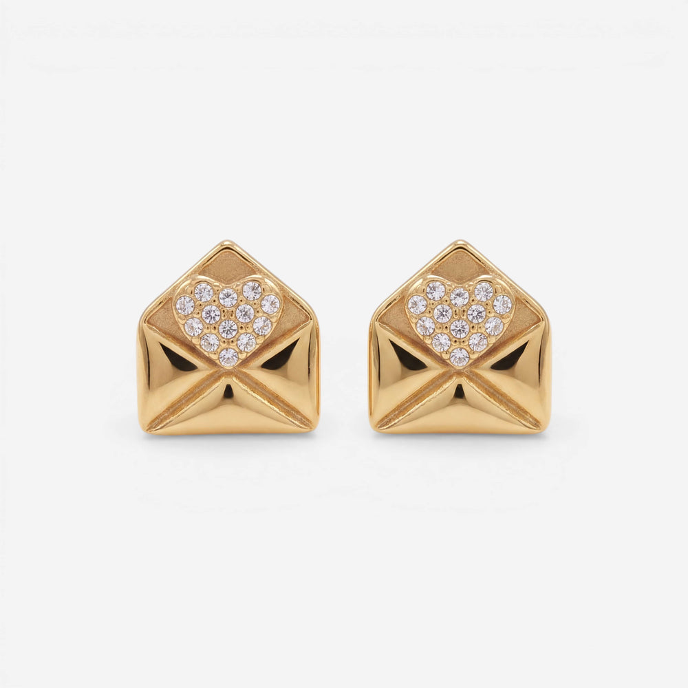 Pair of gold love note envelope stud earrings with pave crystals waterproof jewelry.