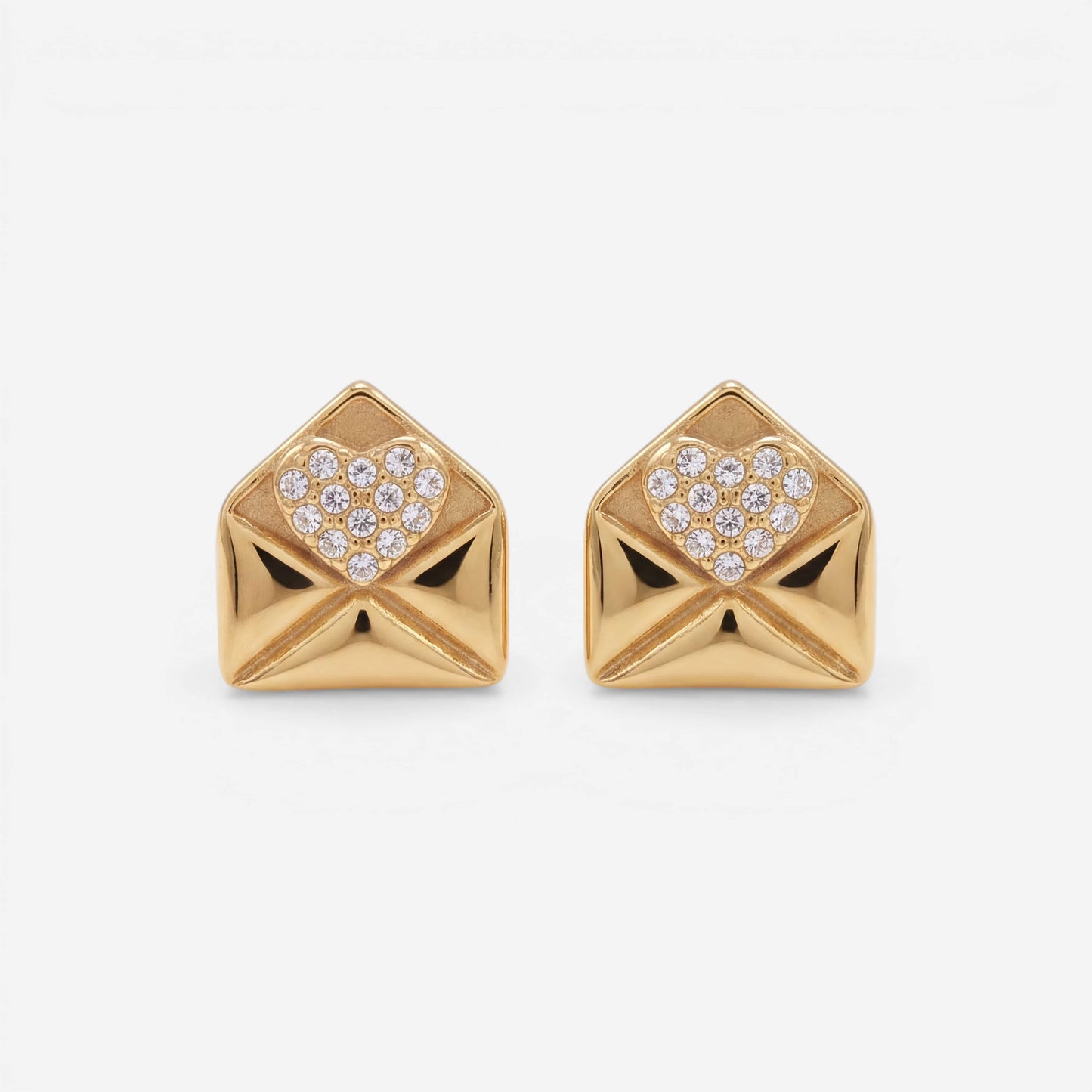 Pair of gold love note envelope stud earrings with pave crystals waterproof jewelry.