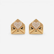 Pair of gold love note envelope stud earrings with pave crystals waterproof jewelry.