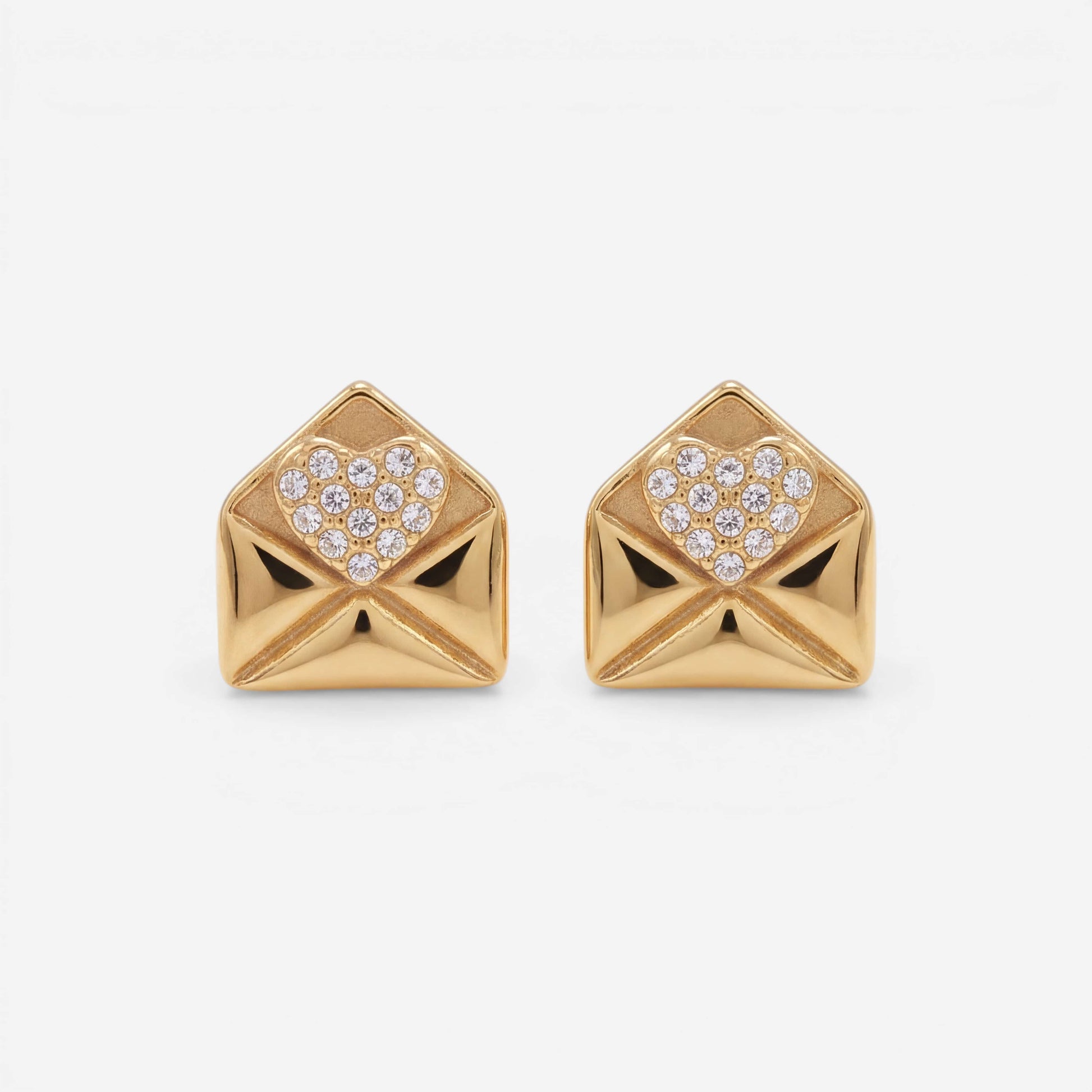 Pair of gold love note envelope stud earrings with pave crystals waterproof jewelry.