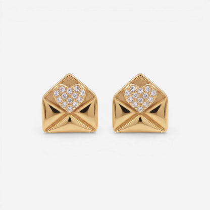 Pair of gold love note envelope stud earrings with pave crystals waterproof jewelry.