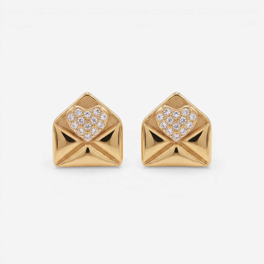 Pair of gold love note envelope stud earrings with pave crystals waterproof jewelry.