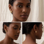 Model with dark skin wearing dainty gold envelope studs romantic gift idea.