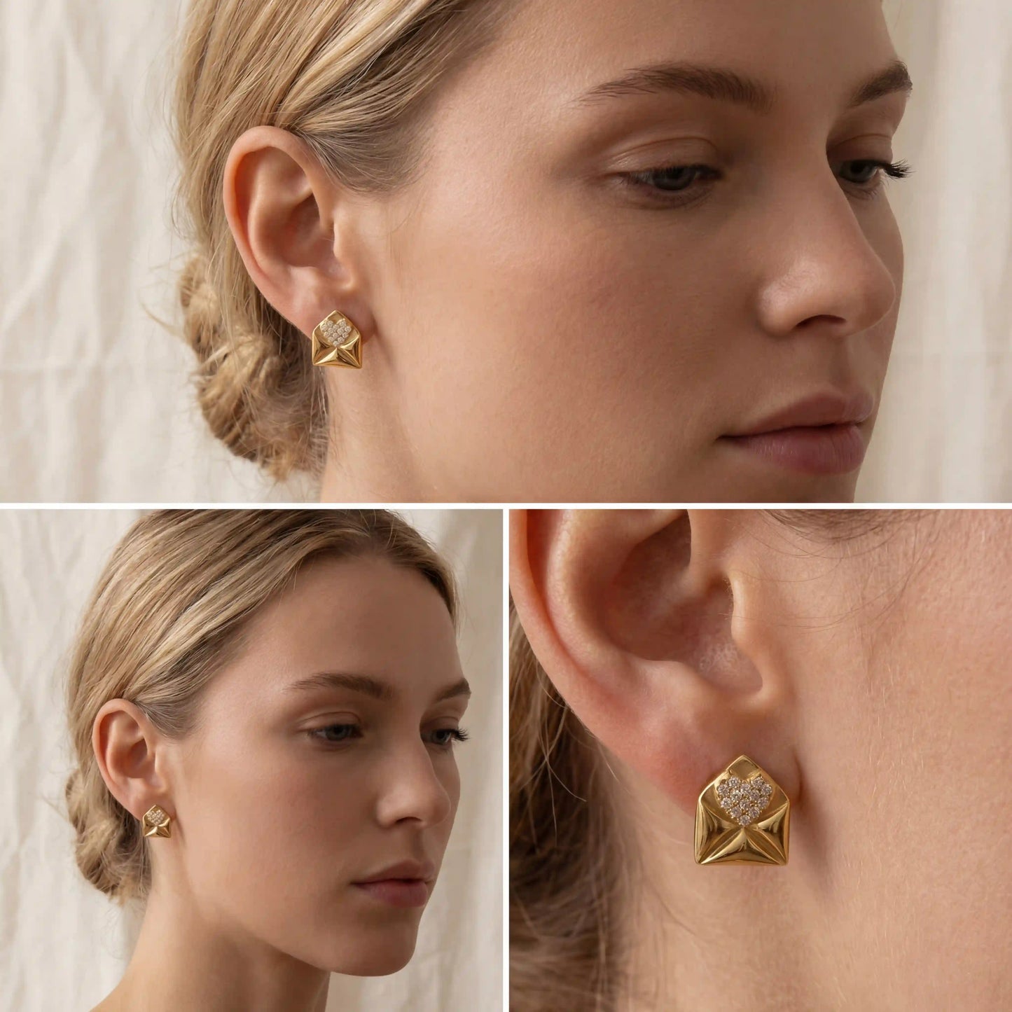 Lifestyle photography collage of blonde woman styling gold heart envelope earrings.