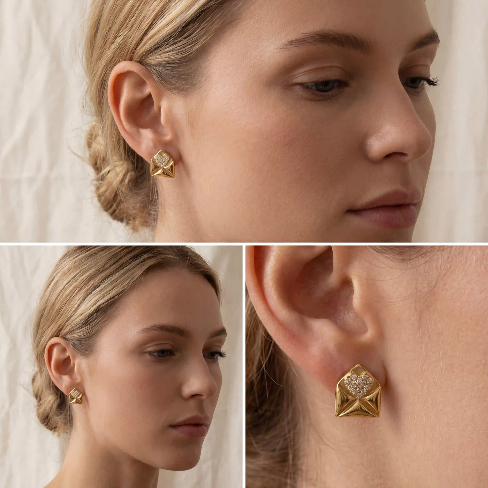 Lifestyle photography collage of blonde woman styling gold heart envelope earrings.