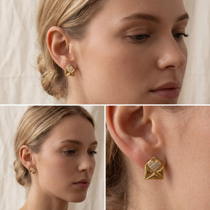Lifestyle photography collage of blonde woman styling gold heart envelope earrings.