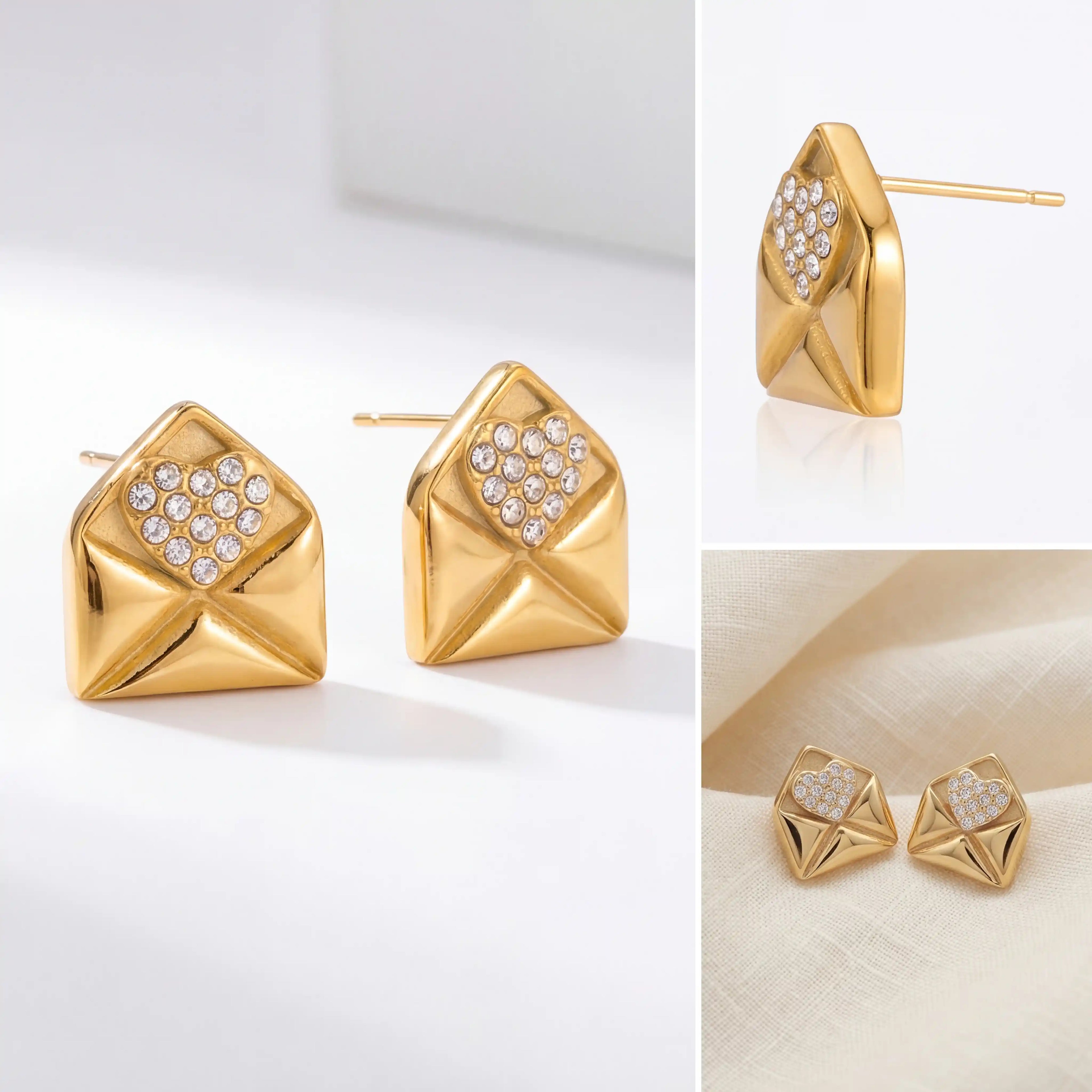 Aesthetic product photography of gold love letter stud earrings details on white background.