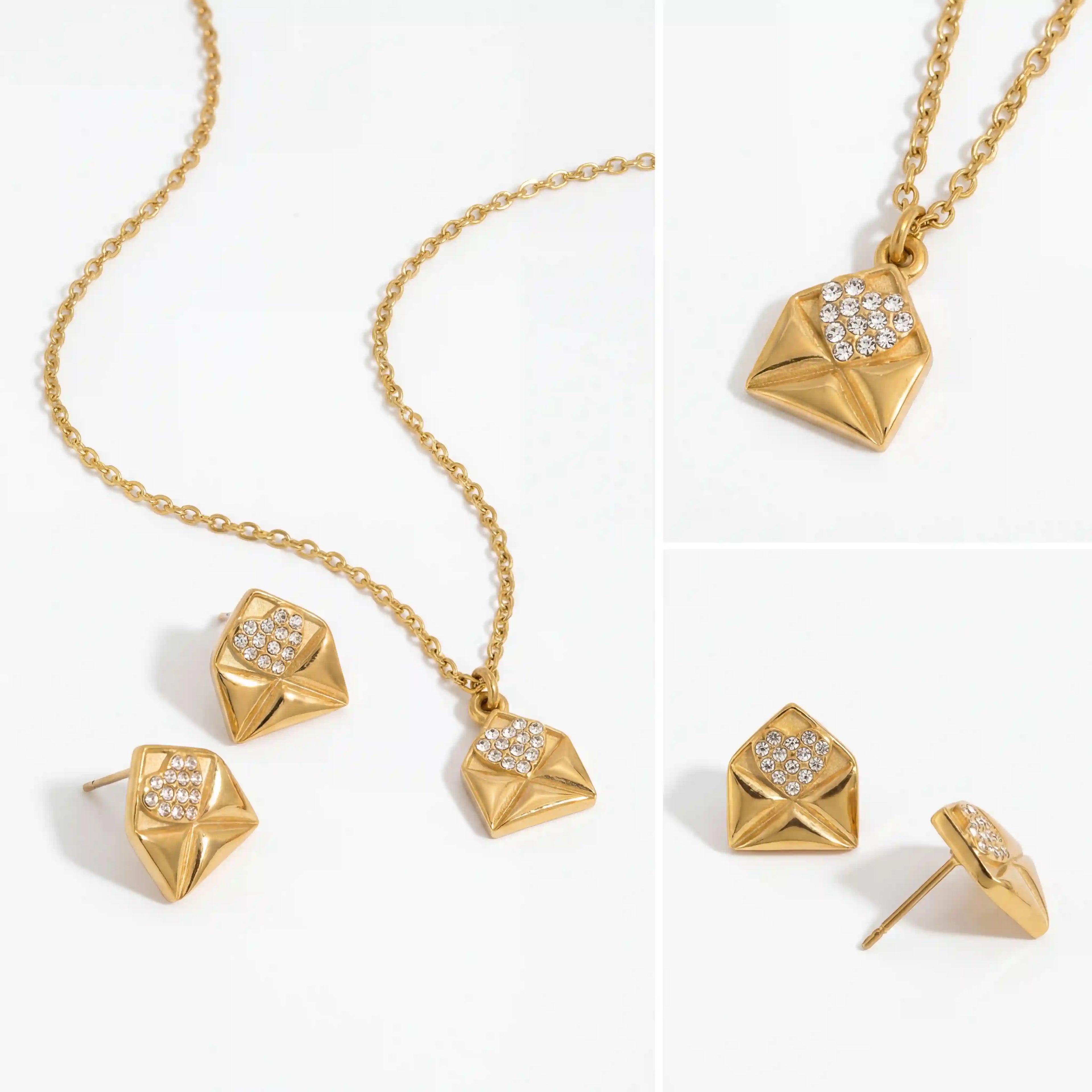 Matching jewelry set gold love note necklace and stud earrings with crystal hearts.