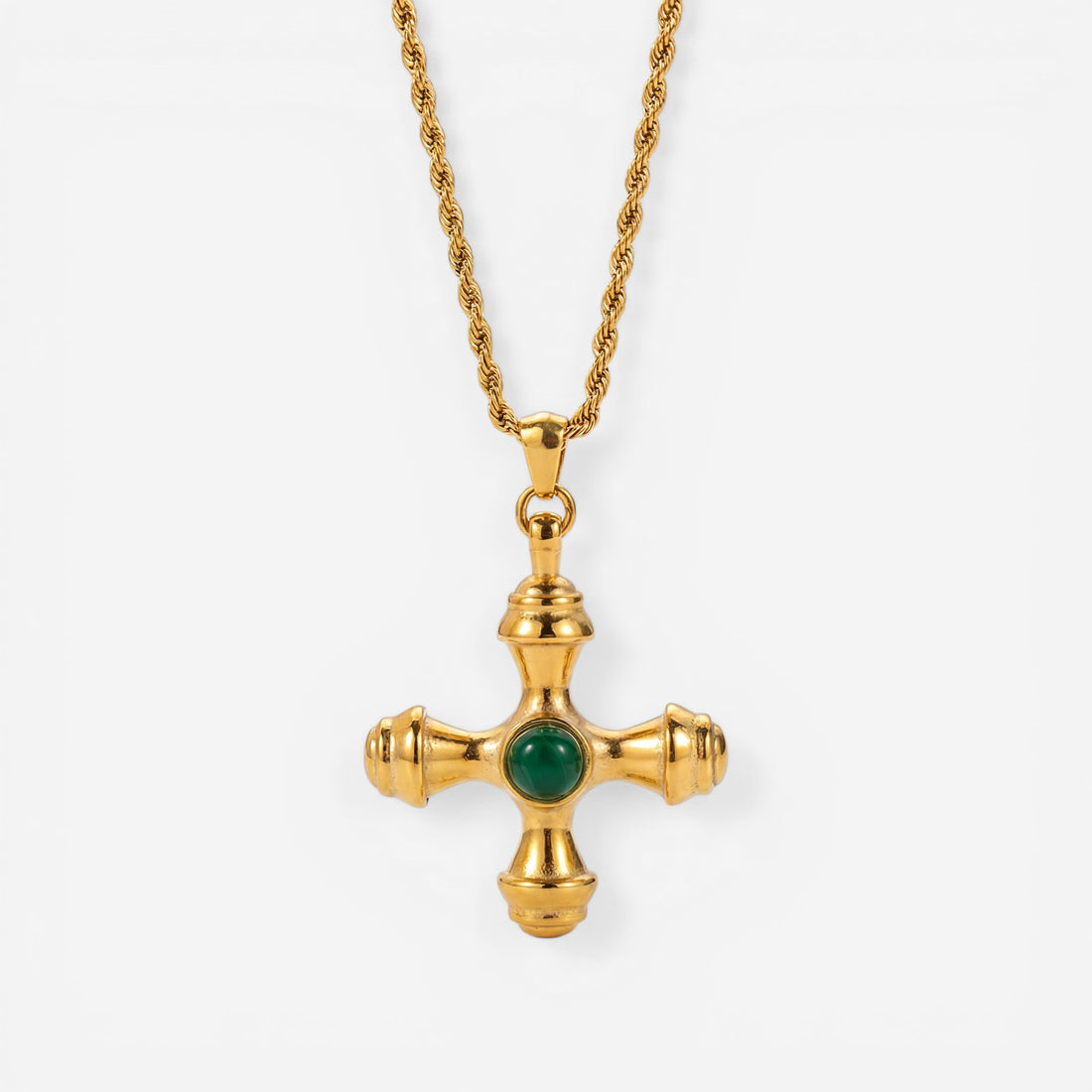 Gold byzantine cross necklace with green emerald stone center stainless steel.