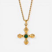 Gold byzantine cross necklace with green emerald stone center stainless steel.