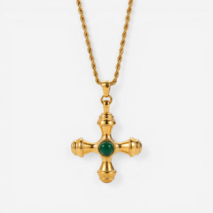 Gold byzantine cross necklace with green emerald stone center stainless steel.