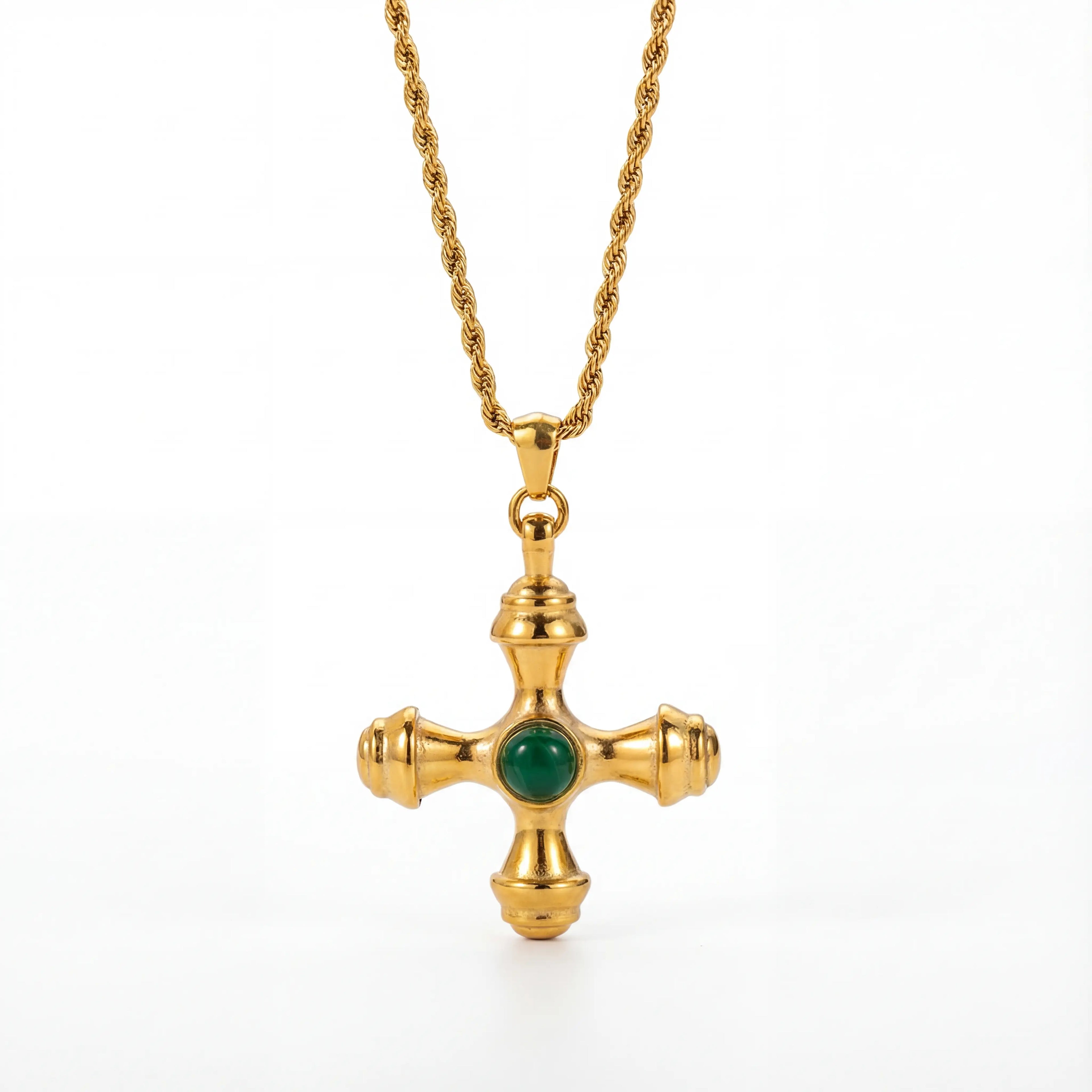 Gold byzantine cross necklace with green emerald stone center stainless steel.