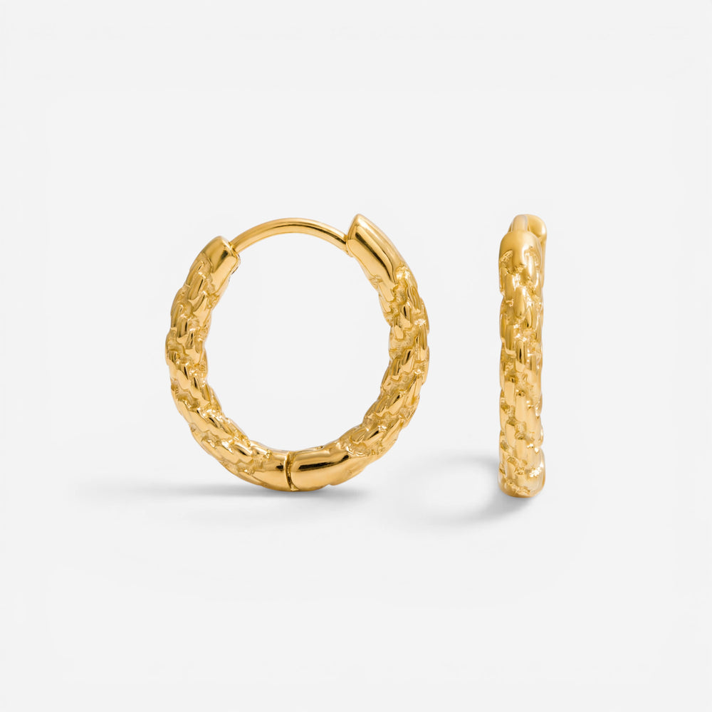 18k gold plated stainless steel textured hoops, anti-tarnish crushed gold earrings, dainty everyday jewelry isolated on white background.
