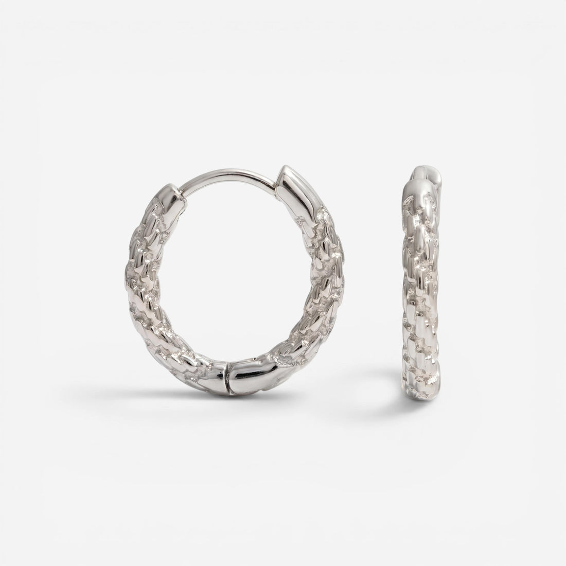 Silver crushed texture hoop earrings, white gold look stainless steel hoops, waterproof sparkly jewelry that looks like diamonds.