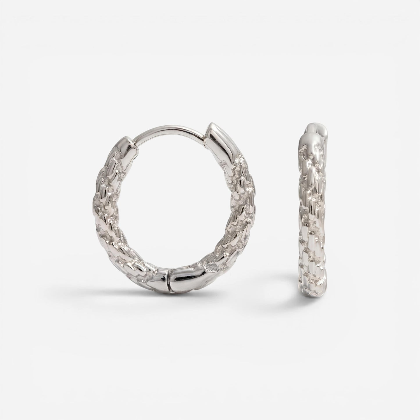 Silver crushed texture hoop earrings, white gold look stainless steel hoops, waterproof sparkly jewelry that looks like diamonds.