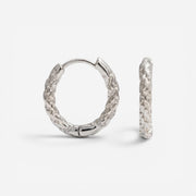 Silver crushed texture hoop earrings, white gold look stainless steel hoops, waterproof sparkly jewelry that looks like diamonds.