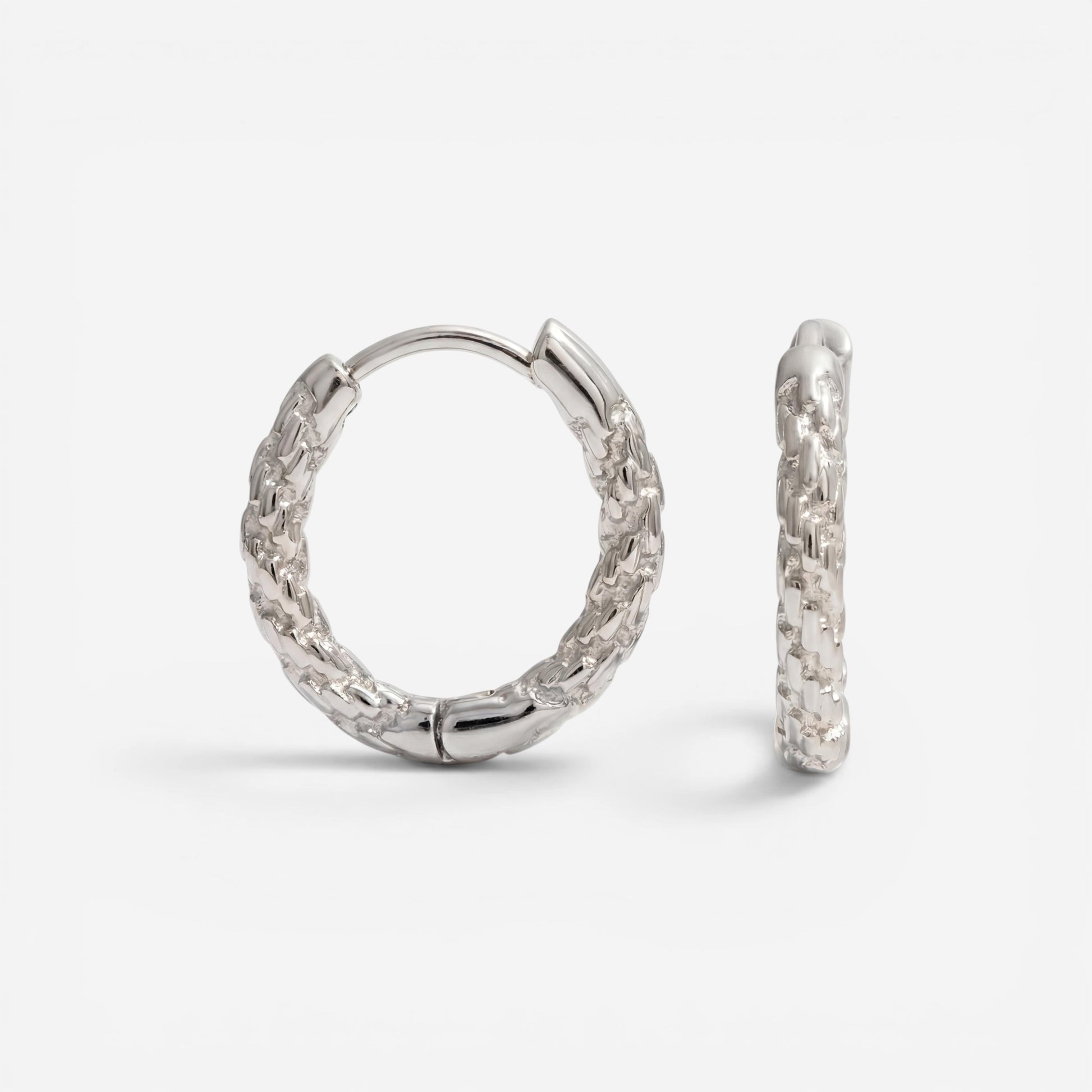 Silver crushed texture hoop earrings, white gold look stainless steel hoops, waterproof sparkly jewelry that looks like diamonds.