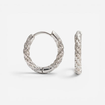 Silver crushed texture hoop earrings, white gold look stainless steel hoops, waterproof sparkly jewelry that looks like diamonds.