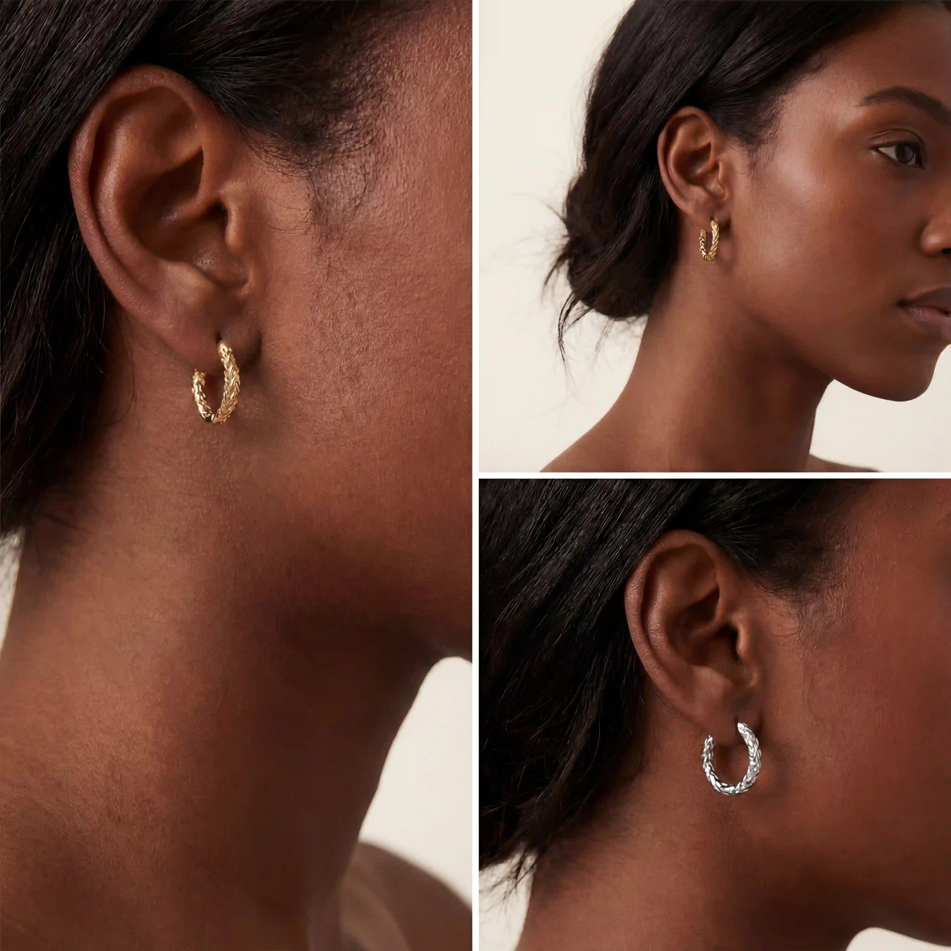 Woman wearing sparkly gold and silver textured hoops, lightweight everyday earrings for work, waterproof jewelry on dark skin.