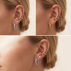 Textured gold hoops styled with ear cuff, curated ear stack inspiration, minimalist jewelry for multiple piercings.