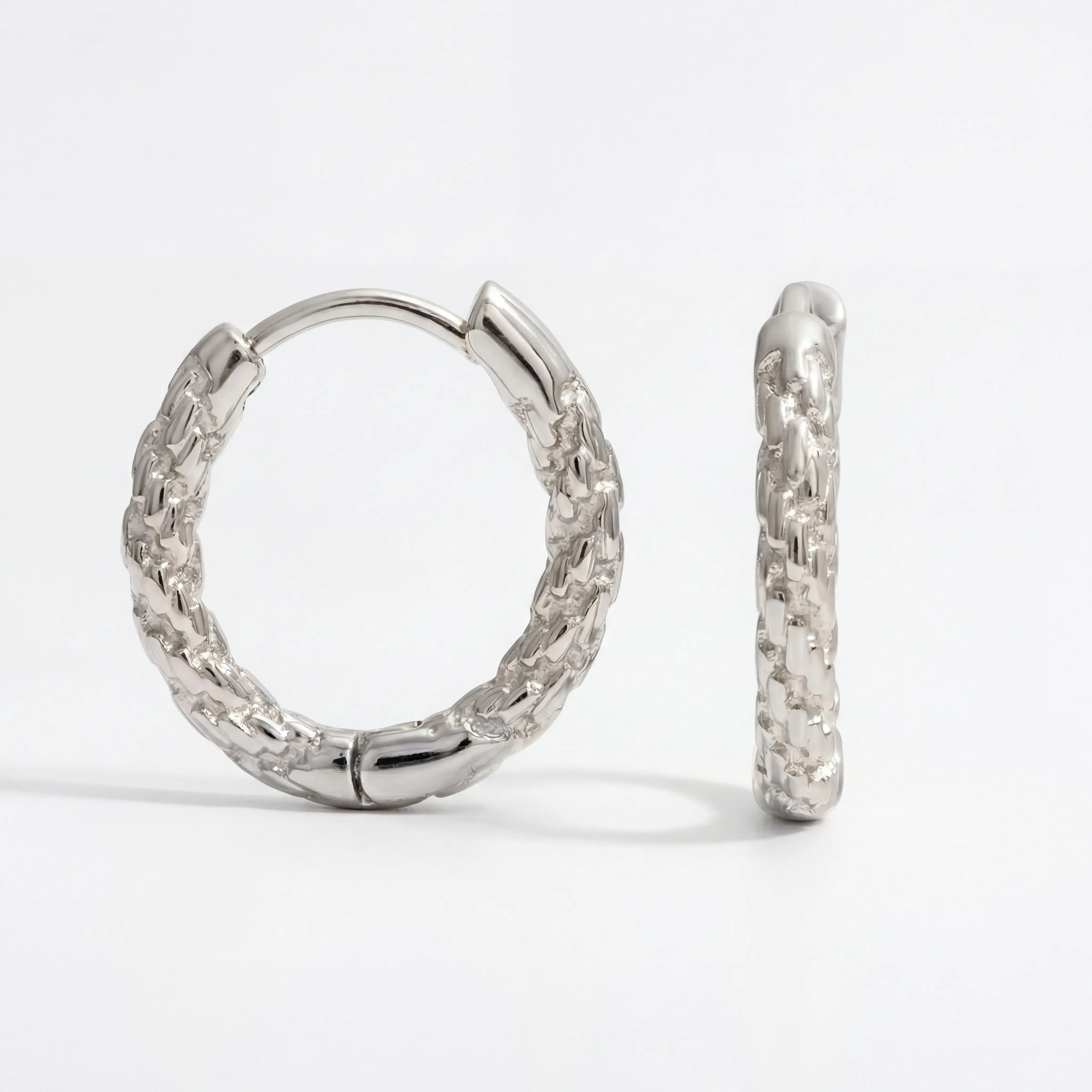 Silver crushed texture hoop earrings, white gold look stainless steel hoops, waterproof sparkly jewelry that looks like diamonds.