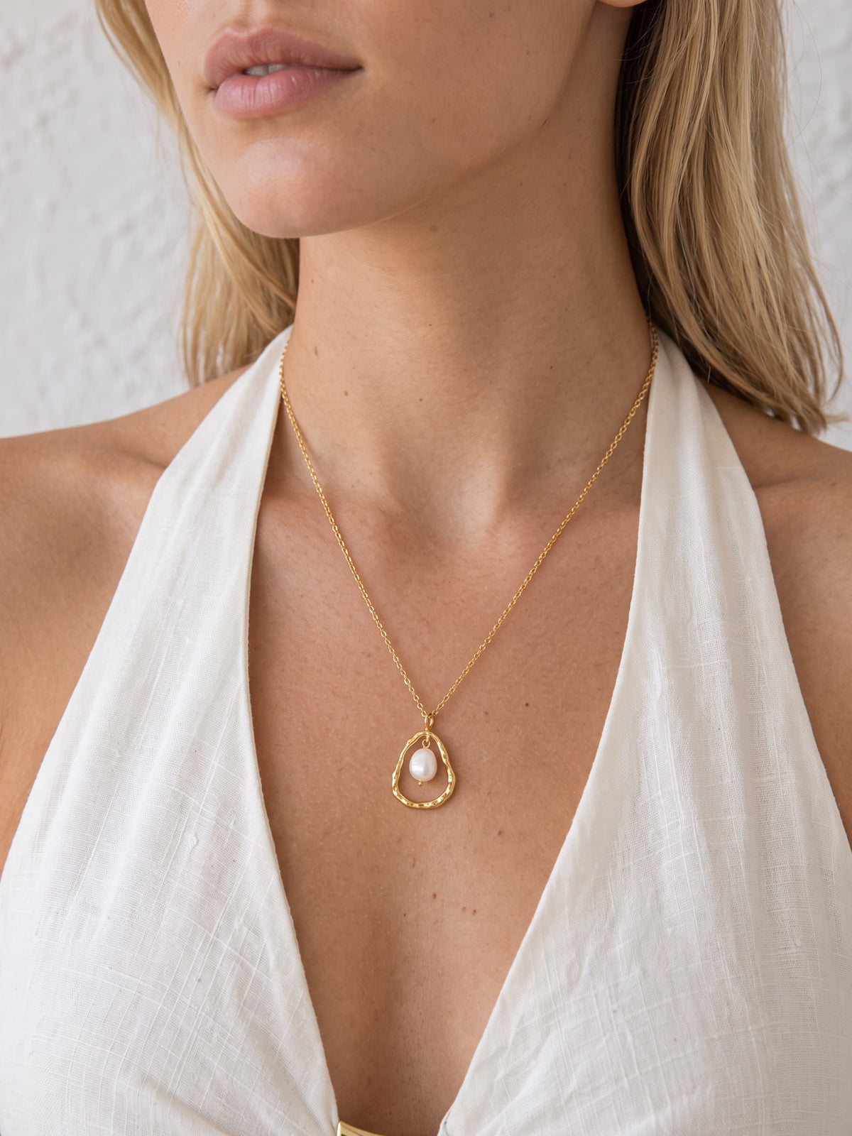 Luna Organic Pearl Pendant styled with a simple everyday outfit