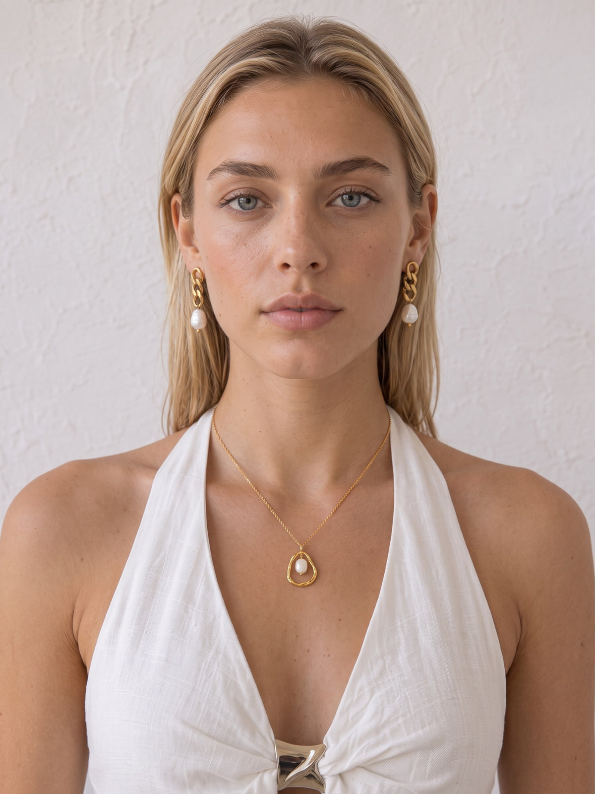 Close-up lifestyle view of the Luna Organic Pearl Pendant