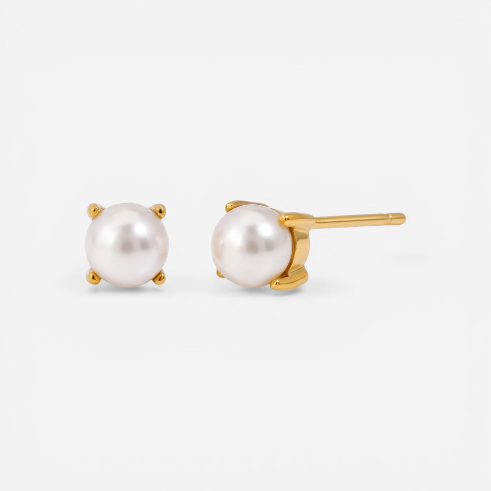18k gold plated stainless steel micro pearl studs, 4-prong setting tiny earrings, waterproof anti-tarnish jewelry isolated on white.
