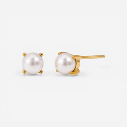 18k gold plated stainless steel micro pearl studs, 4-prong setting tiny earrings, waterproof anti-tarnish jewelry isolated on white.