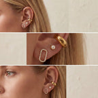 Woman wearing curated ear stack with micro pearl stud and gold hoops, dainty jewelry inspiration for multiple piercings.