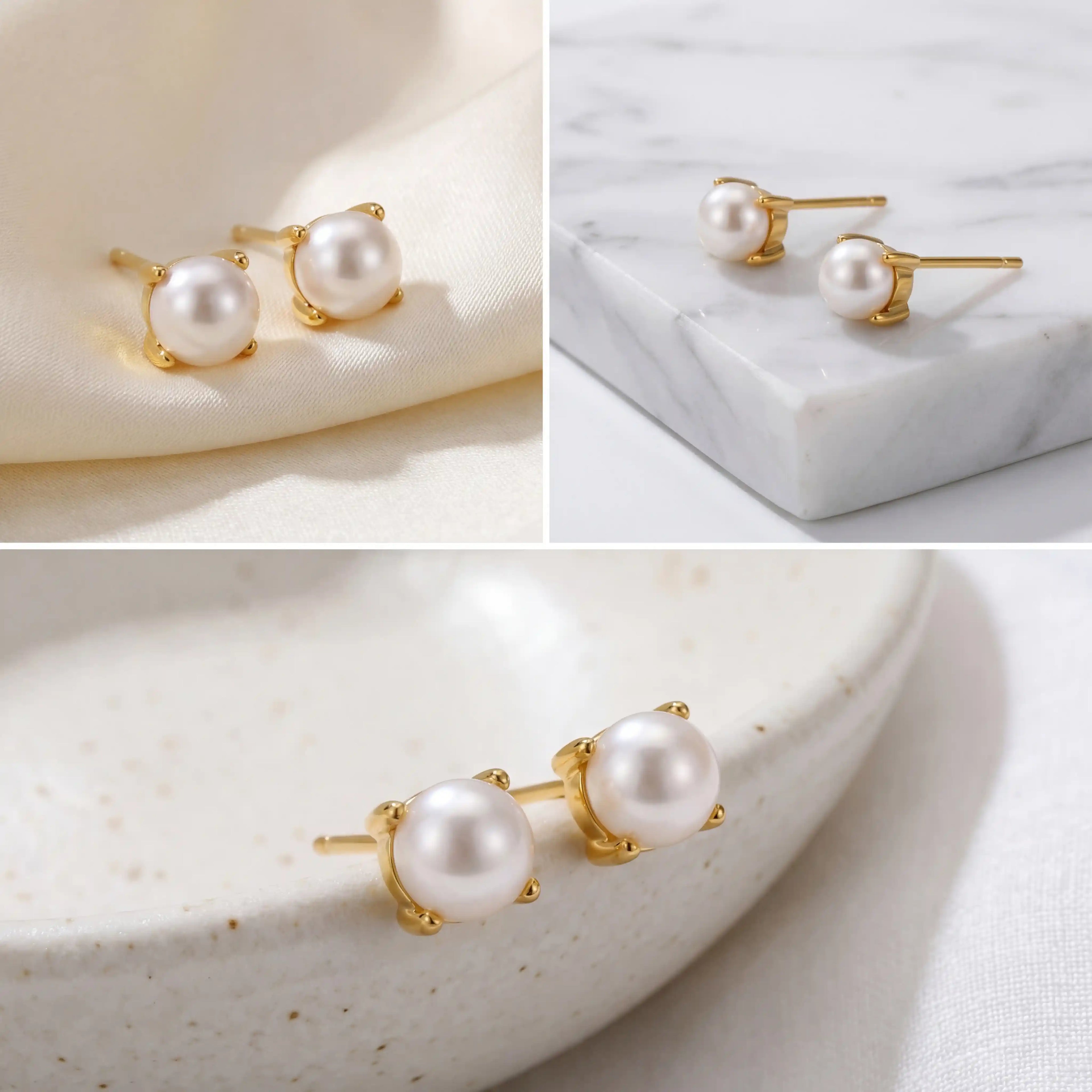 Aesthetic photography of dainty pearl earrings on stone, timeless classic jewelry gift, minimalist accessories for everyday wear.