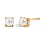 18k gold plated stainless steel micro pearl studs, 4-prong setting tiny earrings, waterproof anti-tarnish jewelry isolated on white.