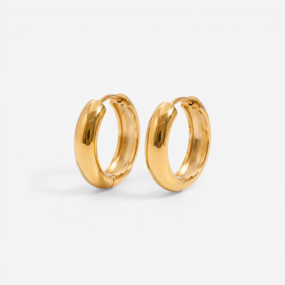 Pair of gold chunky dome hoop earrings waterproof stainless steel high polish.