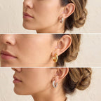 Lifestyle photography collage of woman wearing silver and gold dome hoops clean girl aesthetic.