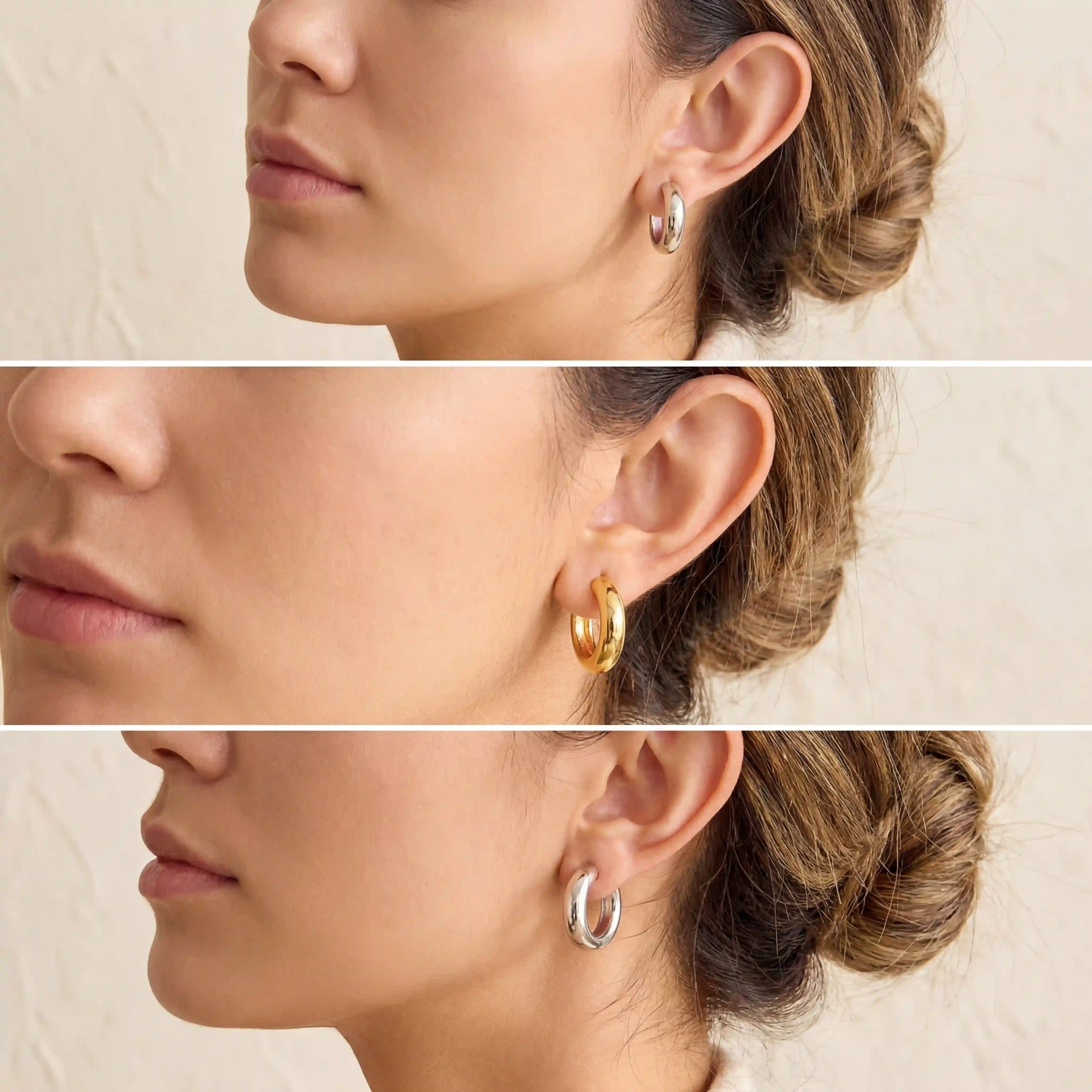 Lifestyle photography collage of woman wearing silver and gold dome hoops clean girl aesthetic.