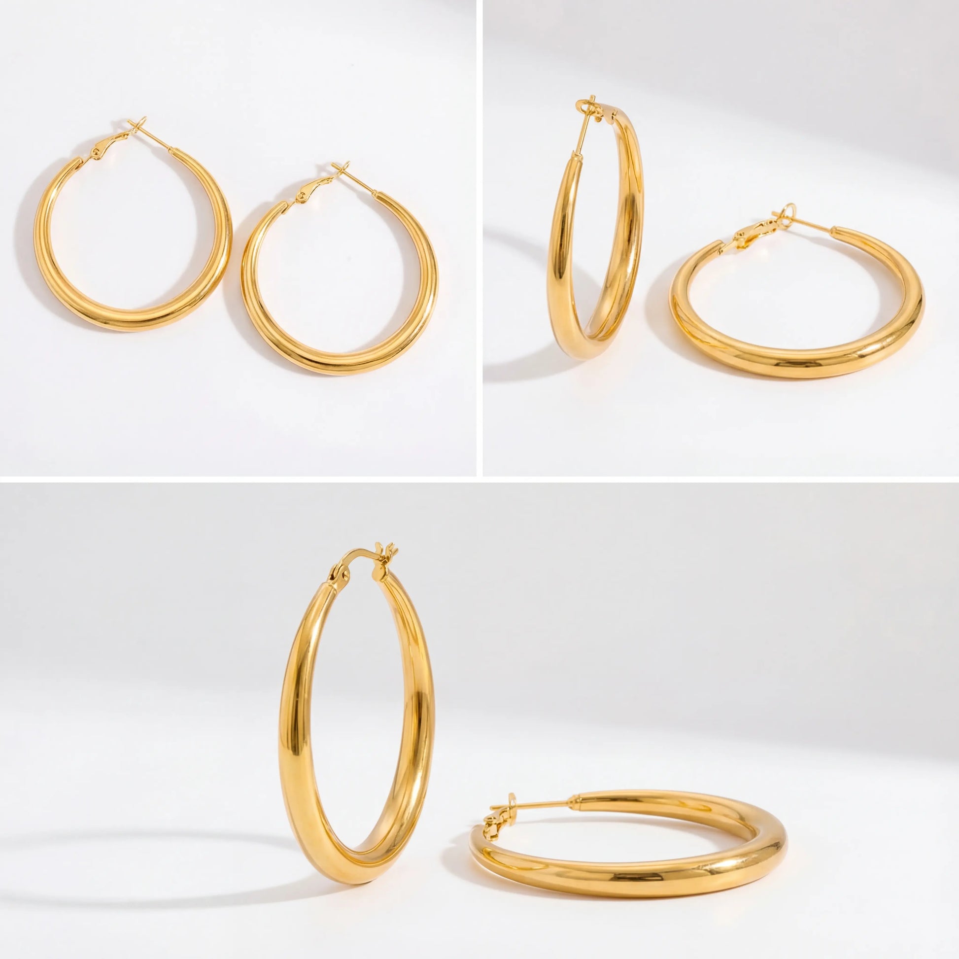 Detail shot of medium gold hoops everyday essential jewelry details.