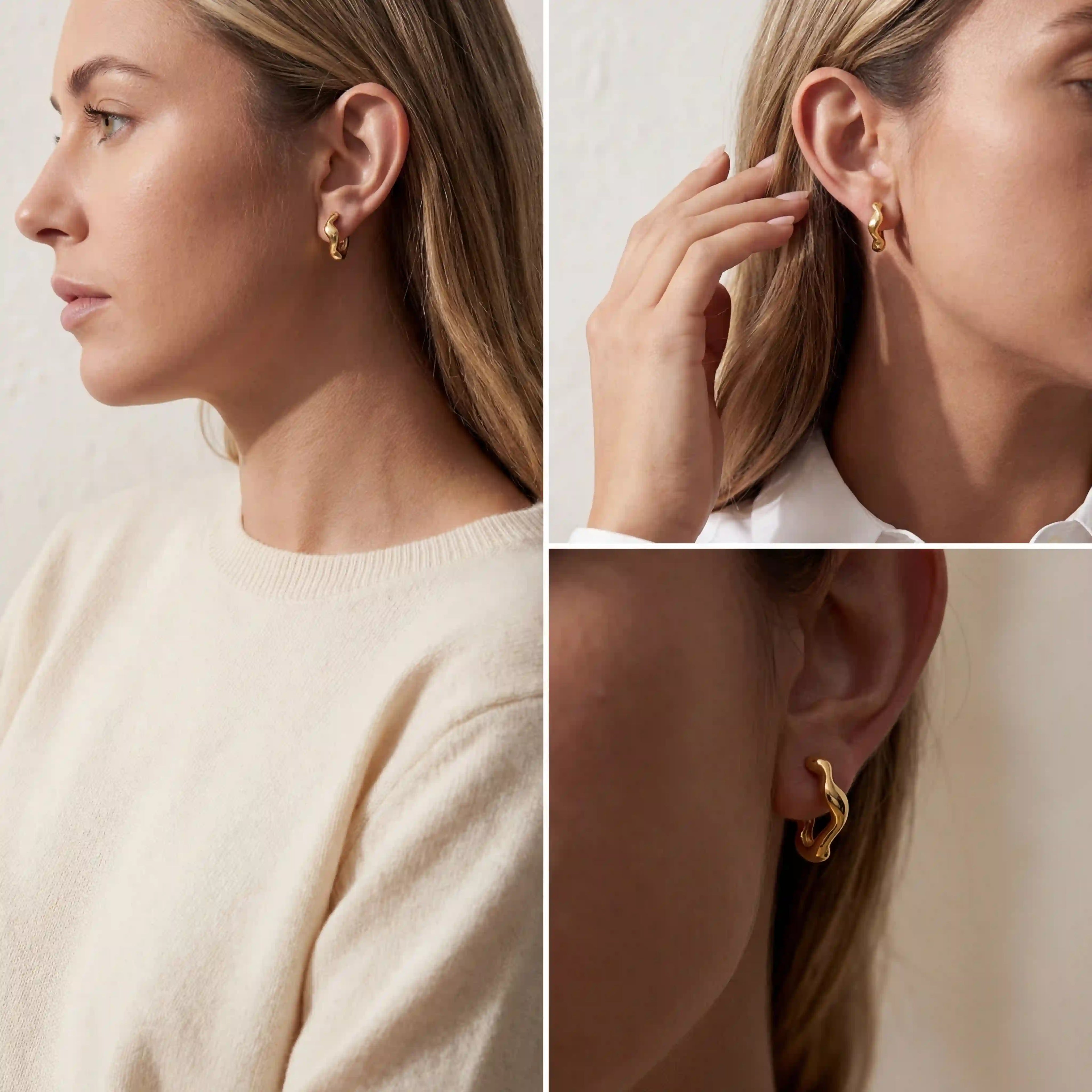 Woman wearing small gold wavy hoops, minimalist Scandi style jewelry, subtle everyday earrings that are waterproof and sweat-proof.