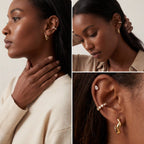 Gold organic hoops on dark skin tone styled with ear cuff, curated ear stack inspiration, modern irregular hoop earrings for women.