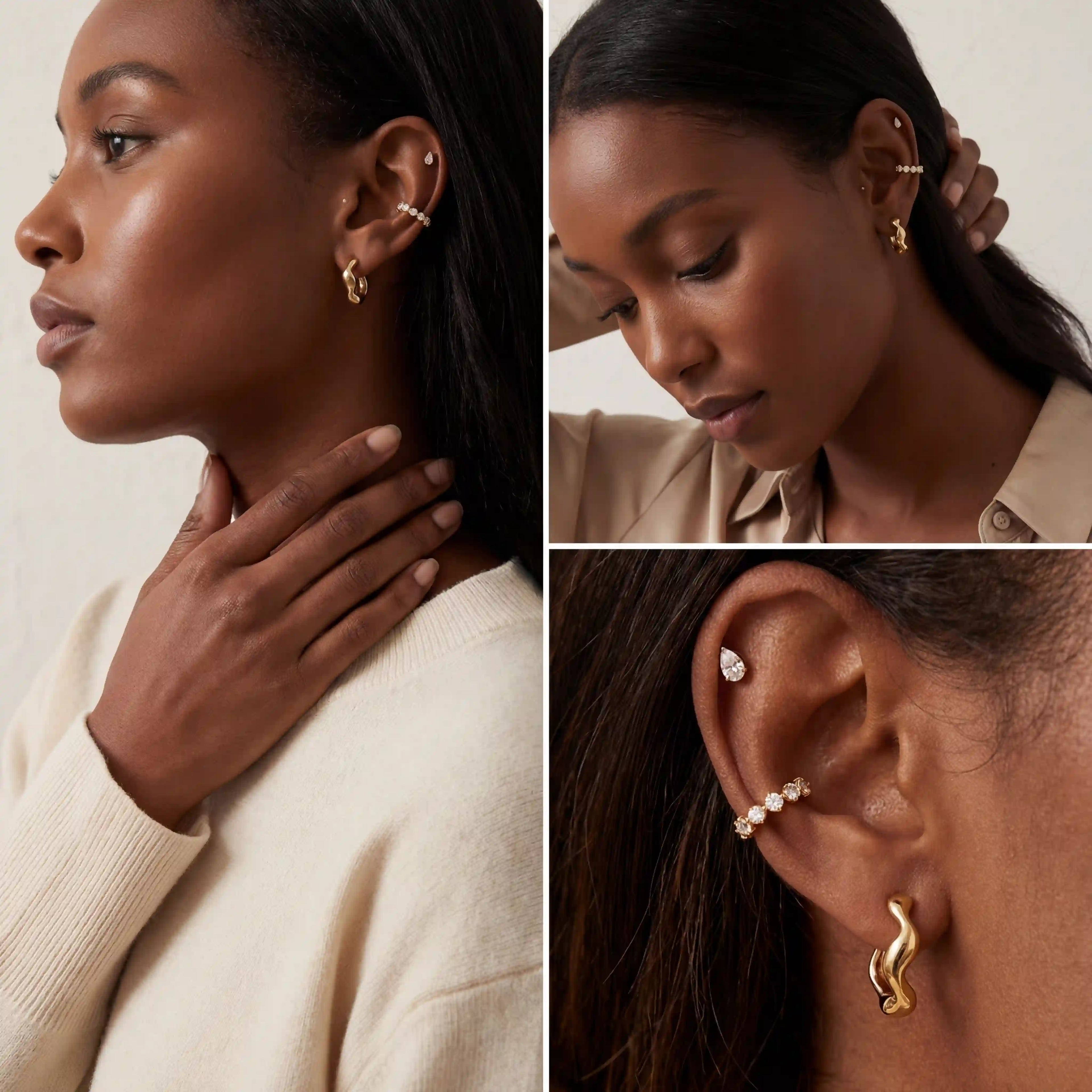Gold organic hoops on dark skin tone styled with ear cuff, curated ear stack inspiration, modern irregular hoop earrings for women.