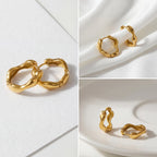 Aesthetic display of melted gold style hoops, liquid metal trend jewelry, artistic small gold earrings gift for her 2026.