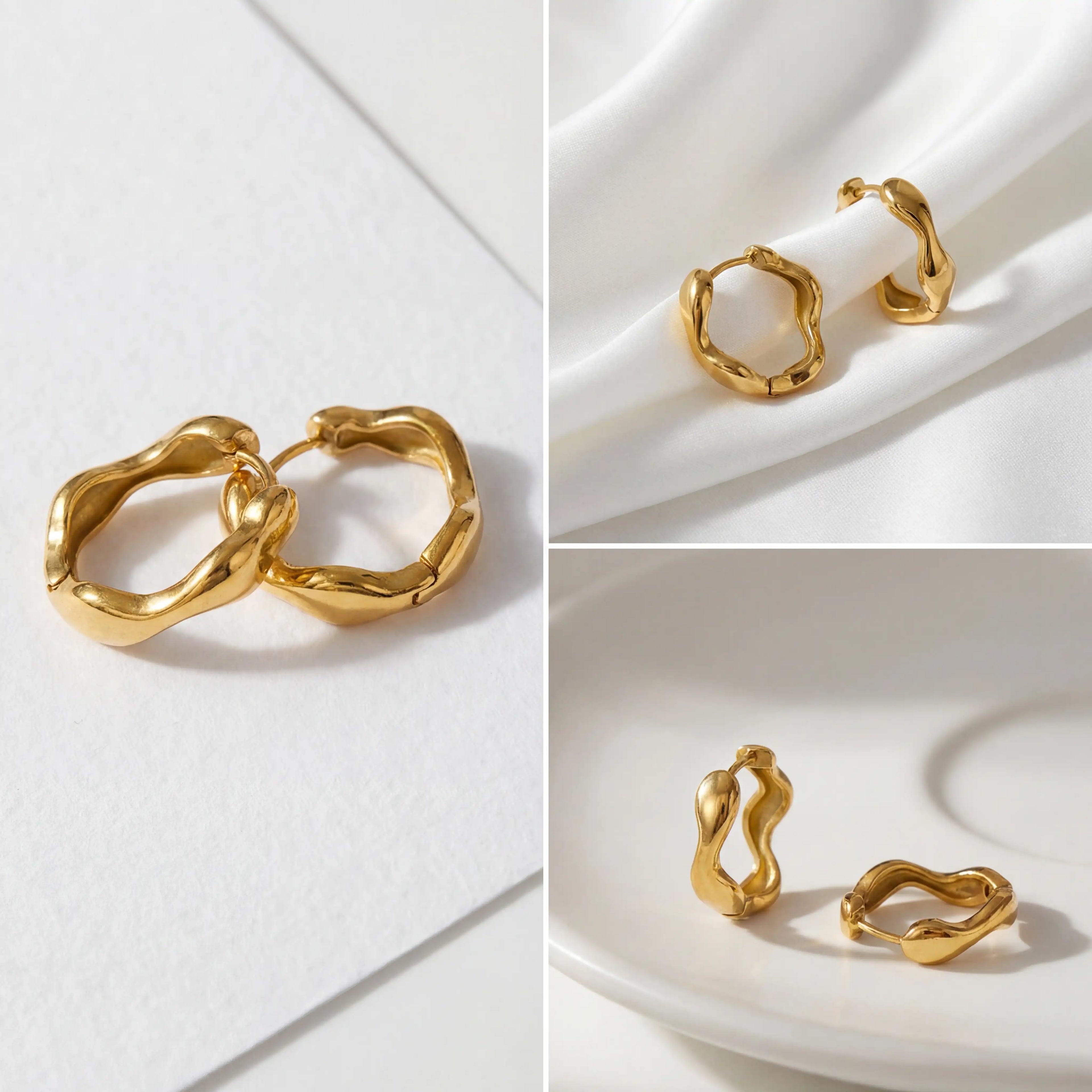Aesthetic display of melted gold style hoops, liquid metal trend jewelry, artistic small gold earrings gift for her 2026.
