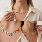 Lifestyle photography collage of woman styling gold multi moon charm necklace romantic look.