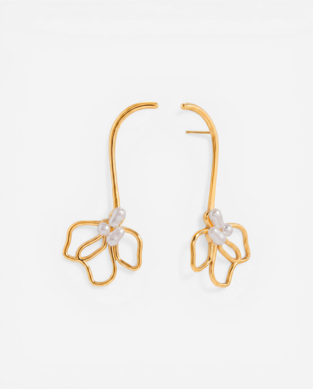 Pair of gold curve drop earrings with wireframe floral petal design and pearl cluster center.
