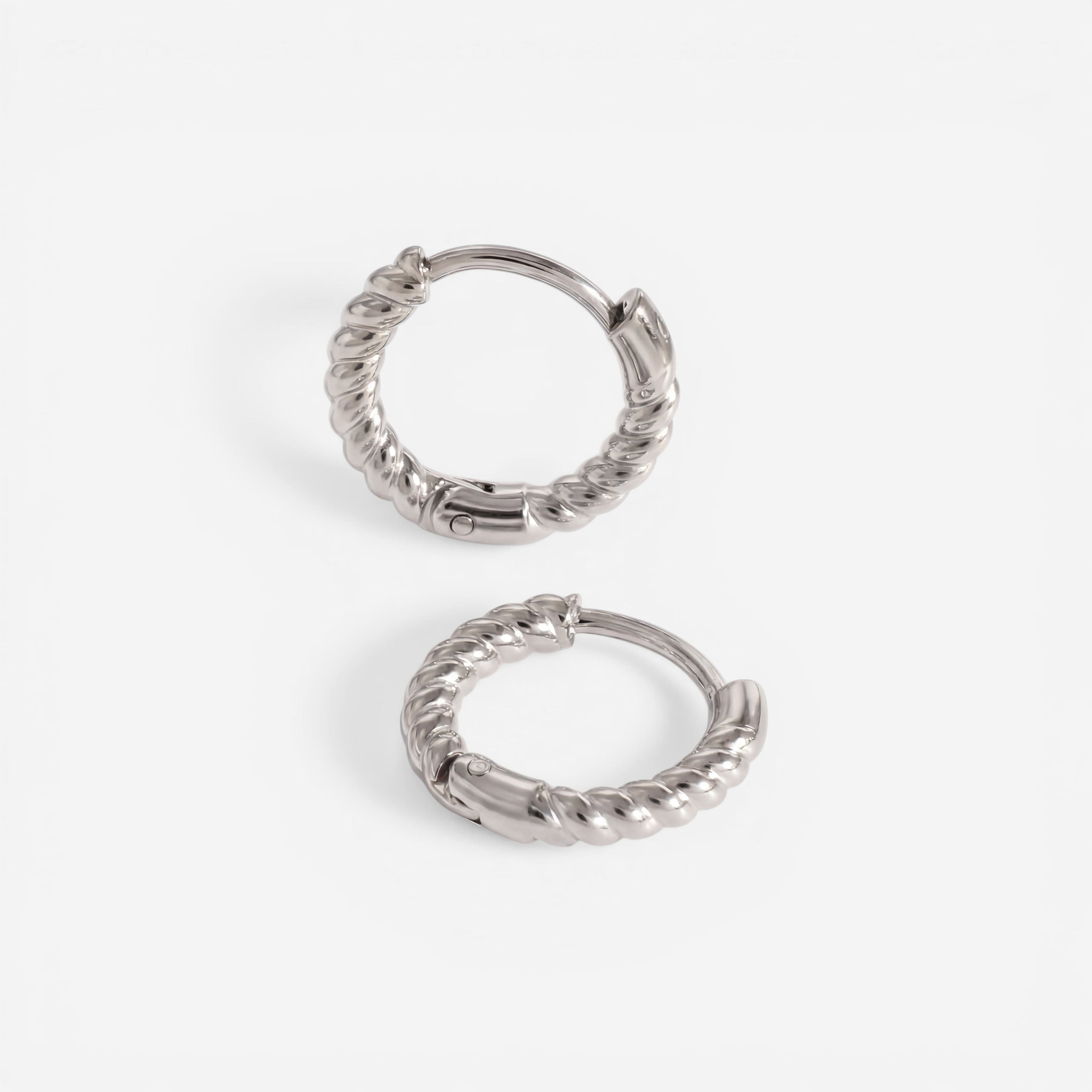 Silver stainless steel twisted huggie earrings, cool tone rope texture hoops, waterproof cartilage earrings for sensitive ears.