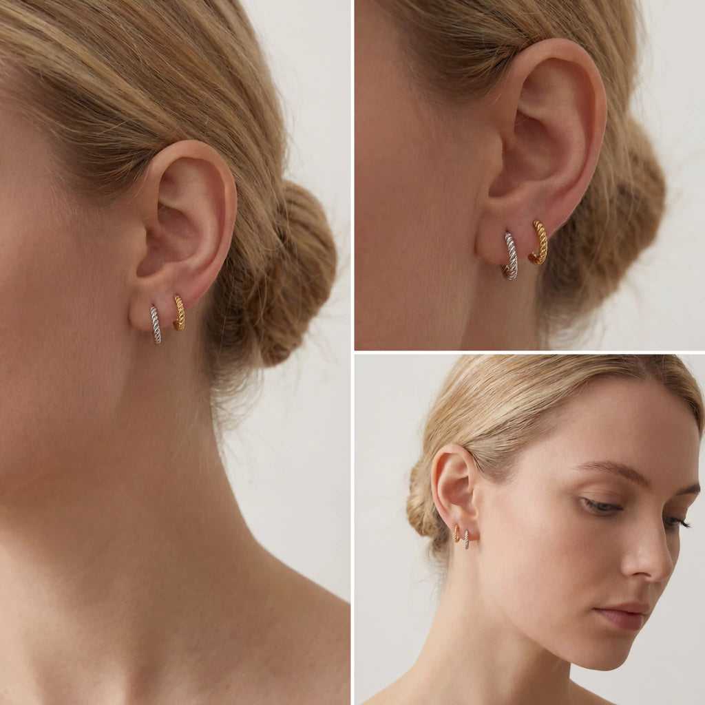 Woman wearing tiny twisted gold hoops, clean girl aesthetic jewelry, stackable helix earrings that are shower-safe.