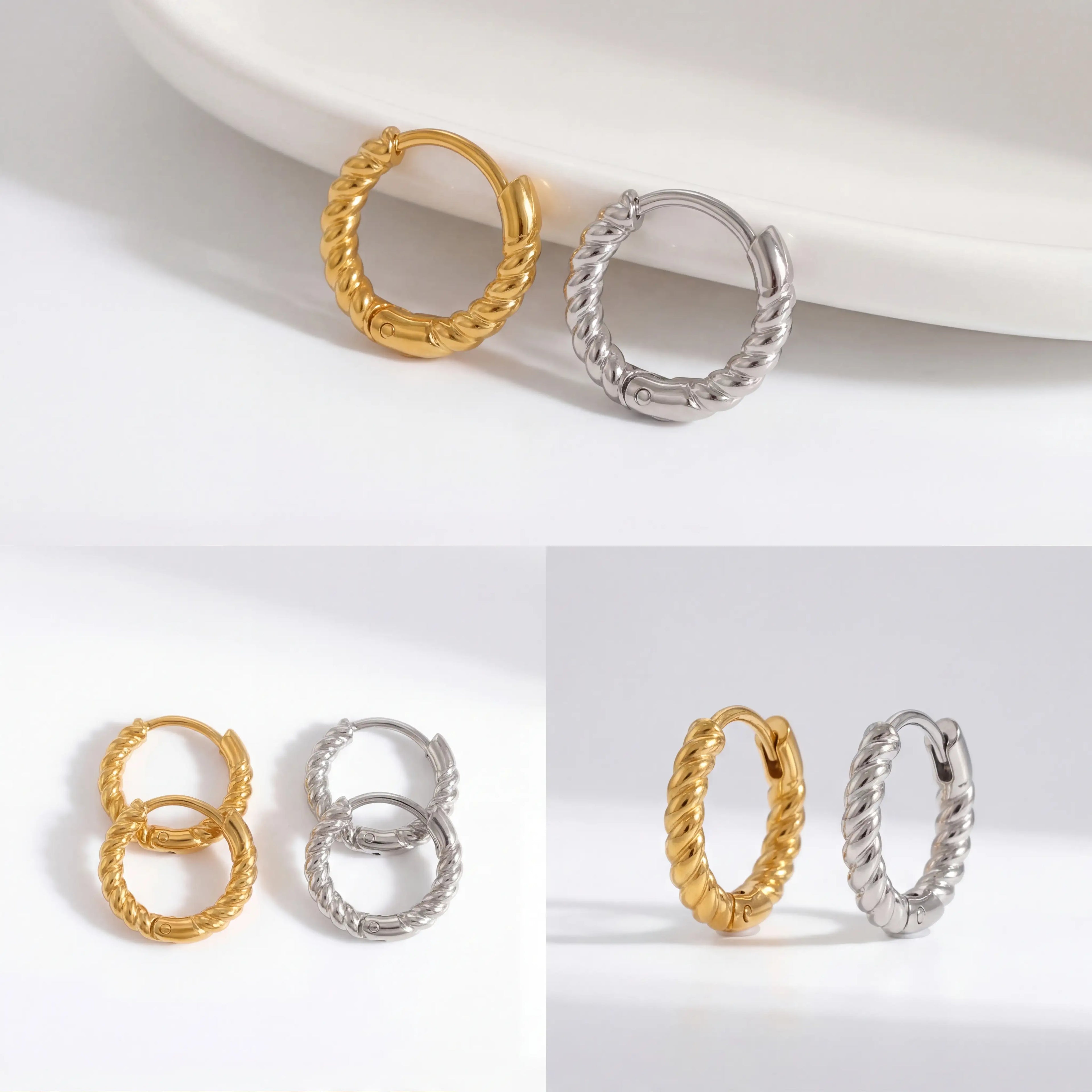 Gold and silver twisted rope huggie set, aesthetic display of small hoop earrings, timeless gift ideas for her under $30.